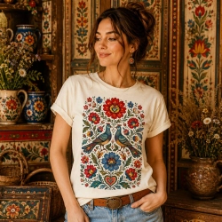 Koszulka Folk Blue Birds jasna z folkowym nadrukiem GRUFI