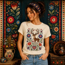 Koszulka Folk Deer jasna z folkowym nadrukiem GRUFI