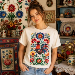 Koszulka Folk Rooster biała z folkowym nadrukiem GRUFI